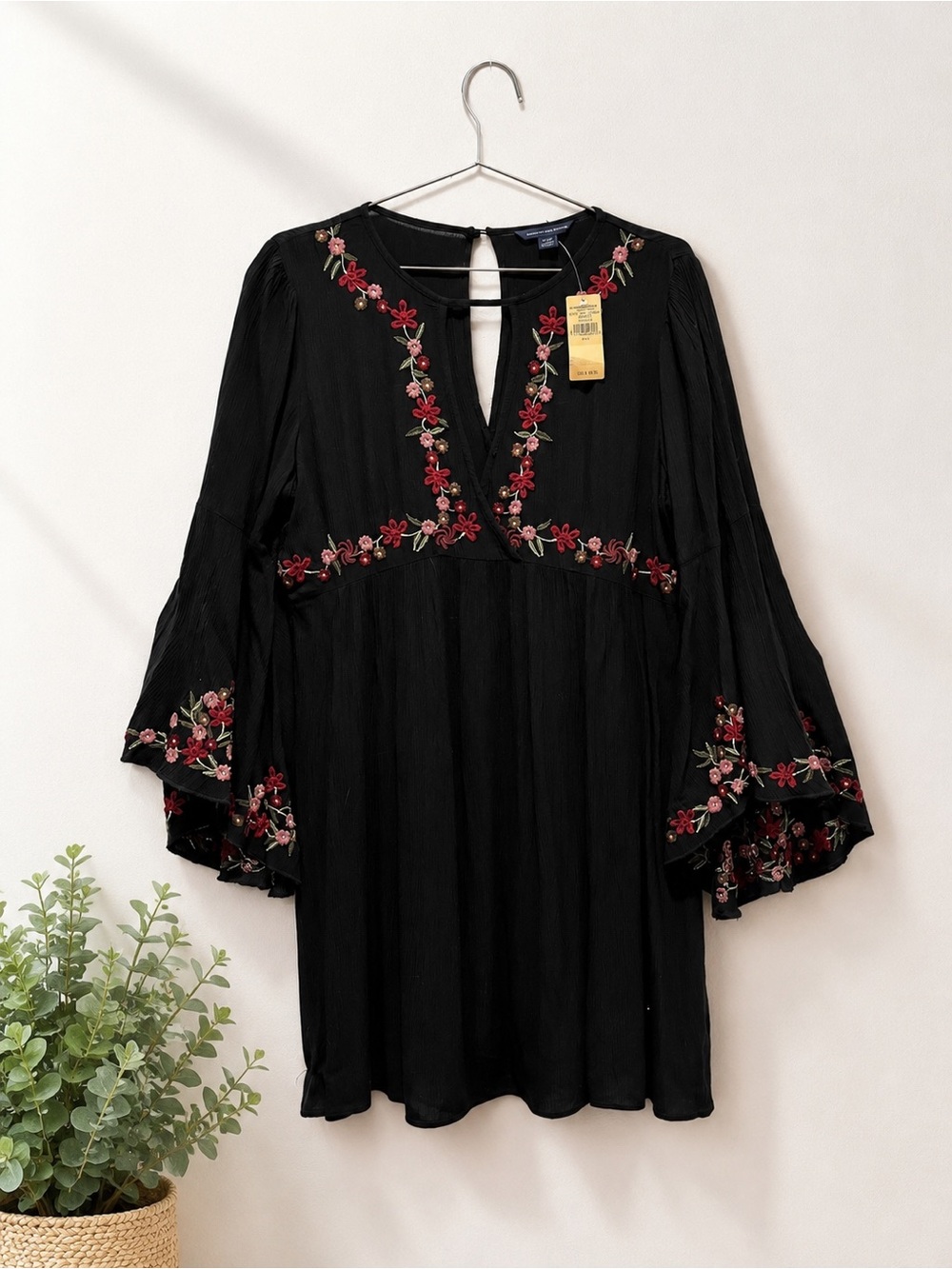 American Eagle Outfitters Dress with Bell Sleeves and Plunge Neckline